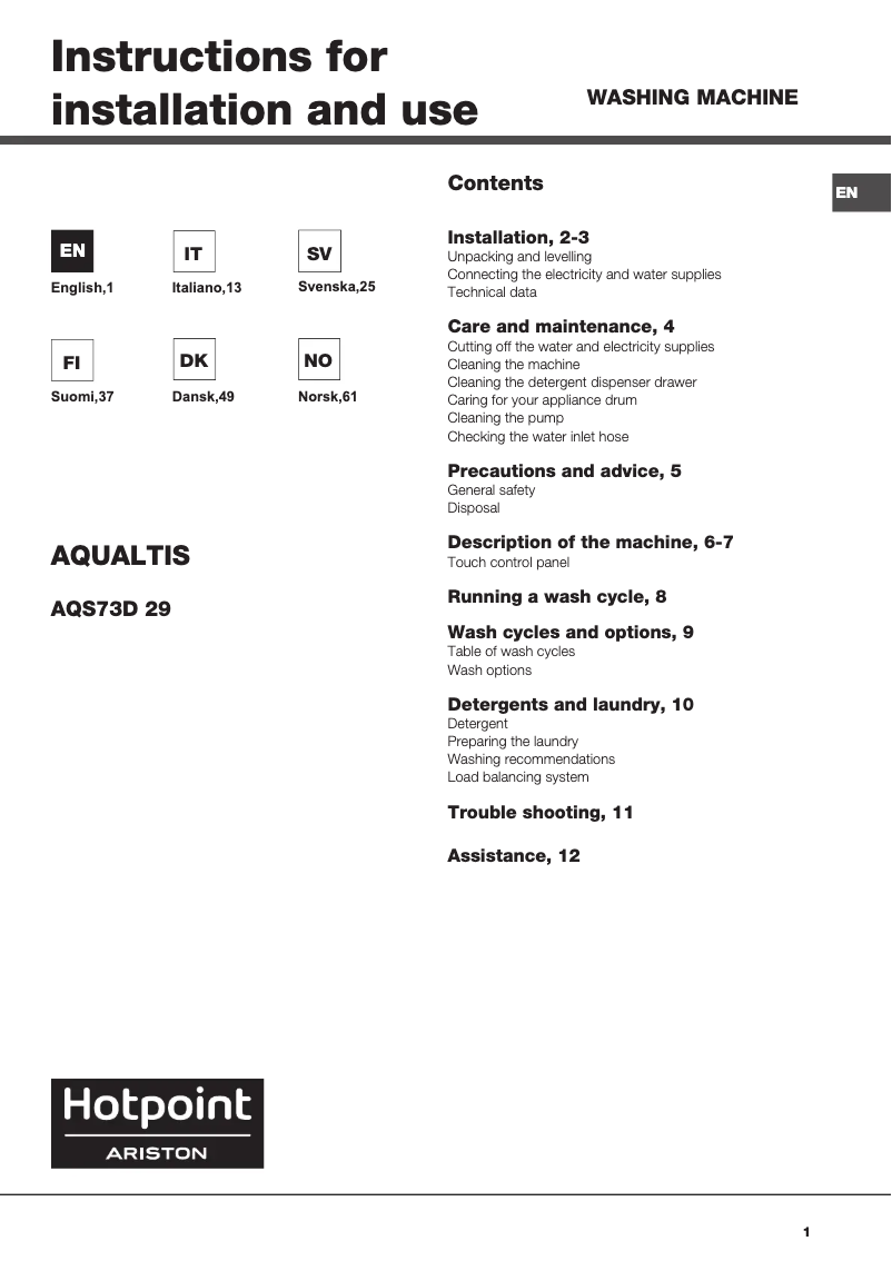 Page 1 de la notice Manuel utilisateur Hotpoint Ariston AQS73D 29 EU/A