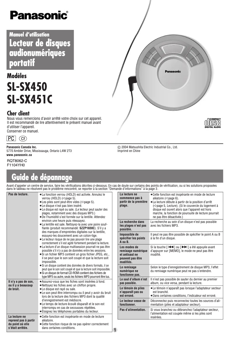 Page 1 de la notice Manuel utilisateur Panasonic SL-SX451C