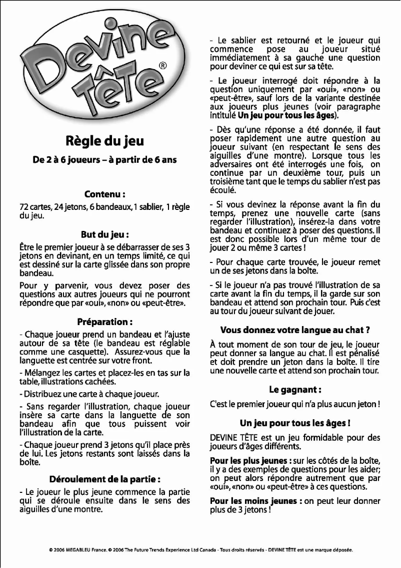 Page 1 de la notice Manuel utilisateur MEGABLEU Devine Tête