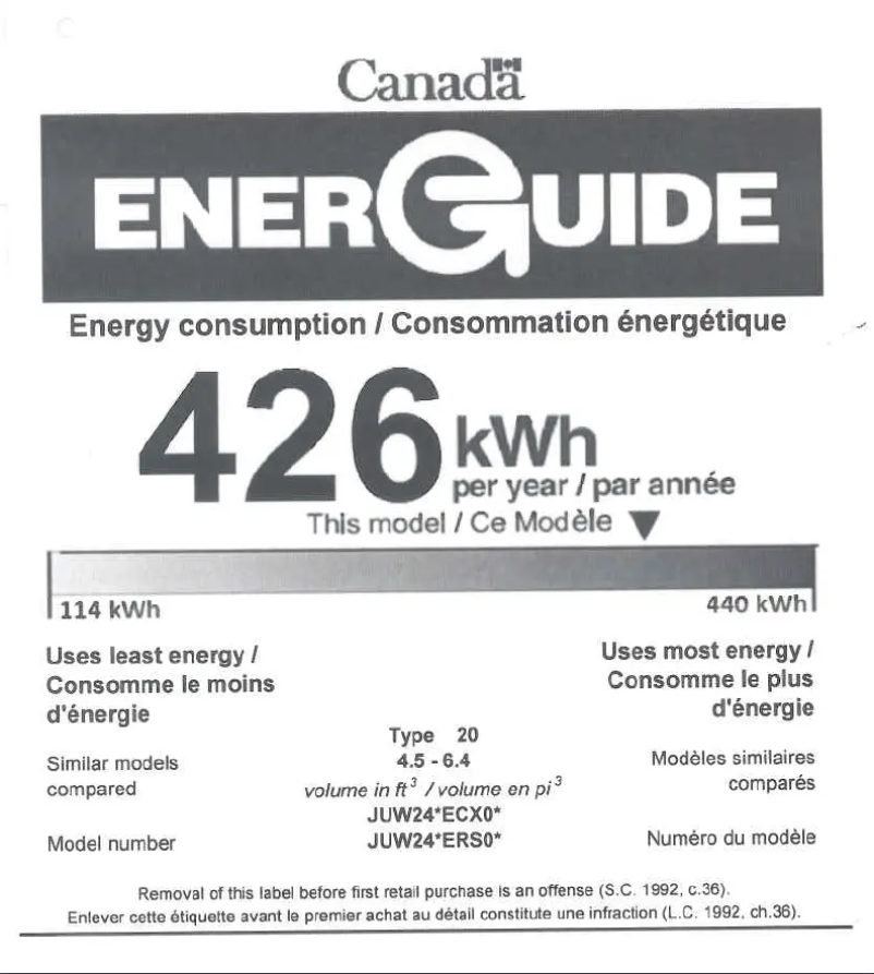 Page 1 de la notice Label énergétique JennAir JUW24FRERS