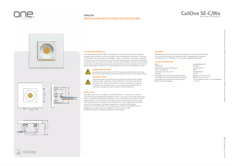 Page 1 de la notice Manuel utilisateur ONE Smart Control SE-C/Wa