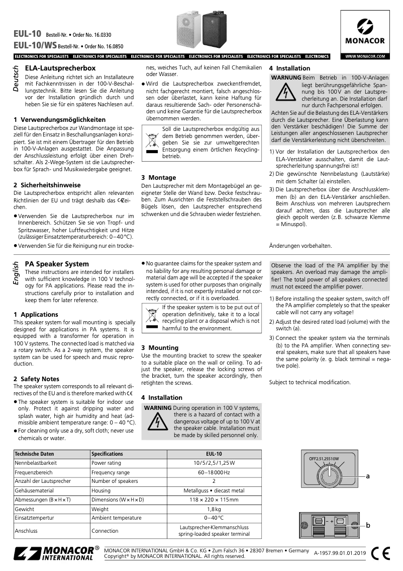 Page n°1 - Manuel utilisateur Monacor EUL-10/WS