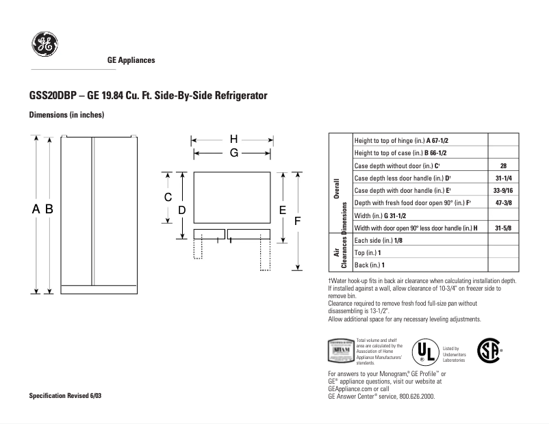 Page 1 de la notice Fiche technique GE GSS20DBPCC