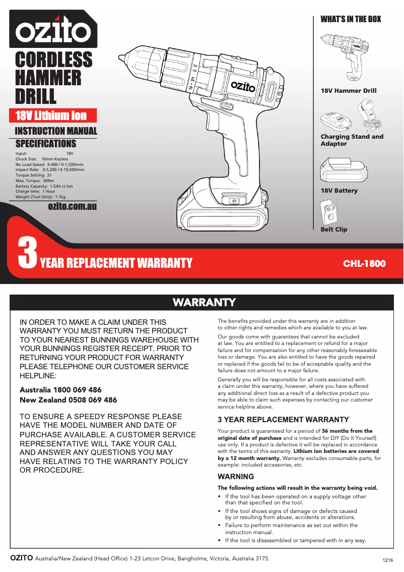 Page 1 de la notice Mode d'emploi Ozito CHL-1800