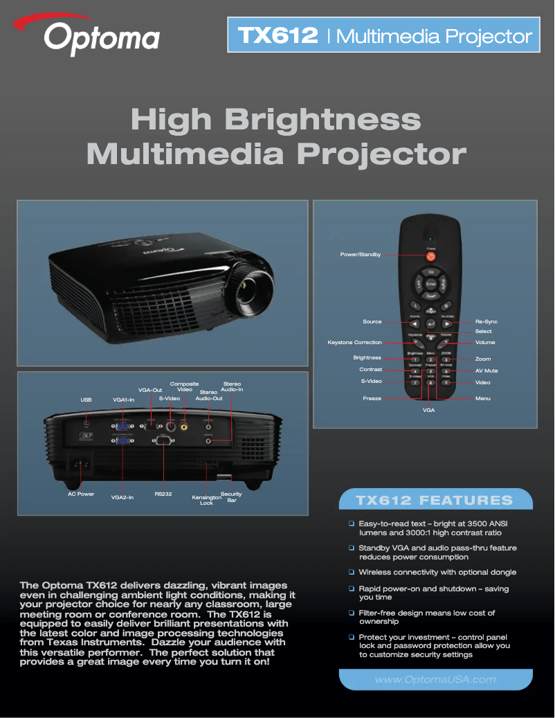 Page 1 de la notice Fiche technique Optoma TX612