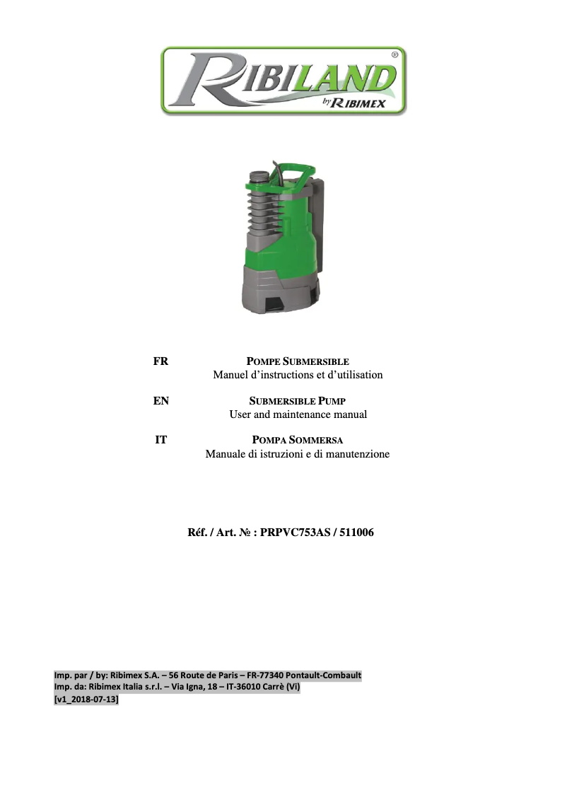 Page n°1 - Manuel utilisateur Ribimex Ribiland PRPVC753AS