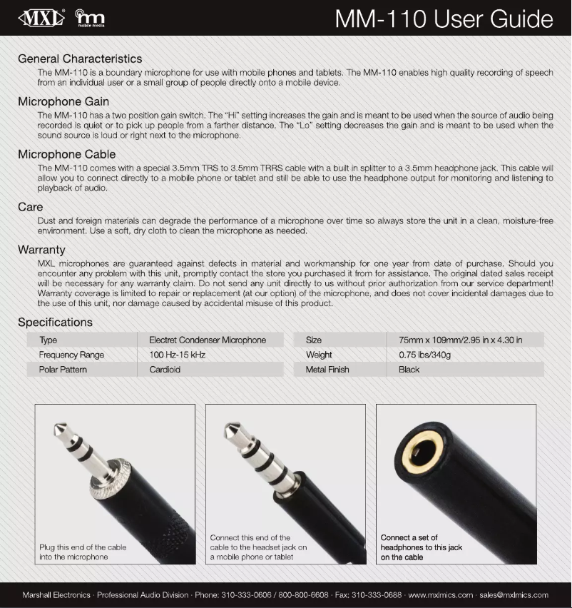 Page 1 de la notice Manuel utilisateur MXL MM110