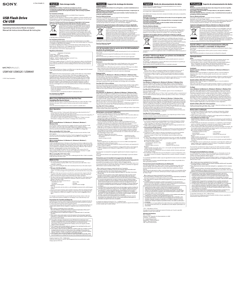 Page 1 de la notice Manuel utilisateur Sony USM16X