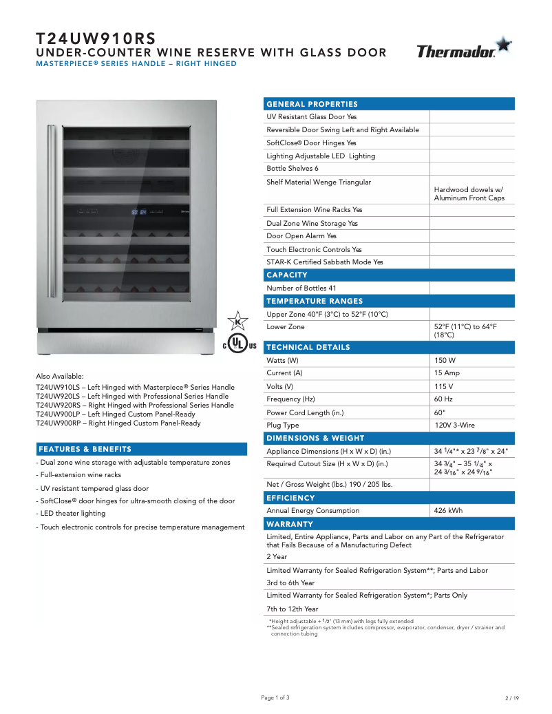 Page 1 de la notice Fiche technique Thermador T24UW910RS