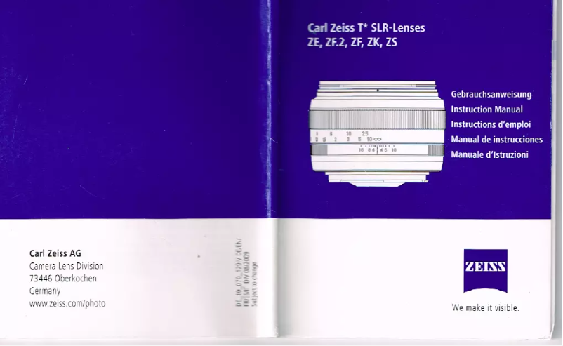 Page n°1 - Manuel utilisateur Zeiss T* SLR ZF