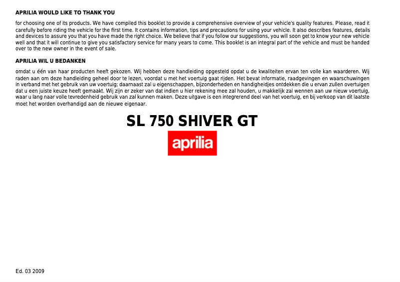 Page n°1 - Manuel utilisateur Aprilia SL 750 SHIVER GT (2009)