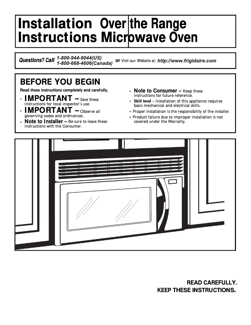 Page 1 de la notice Guide d'installation Frigidaire FMV157GM