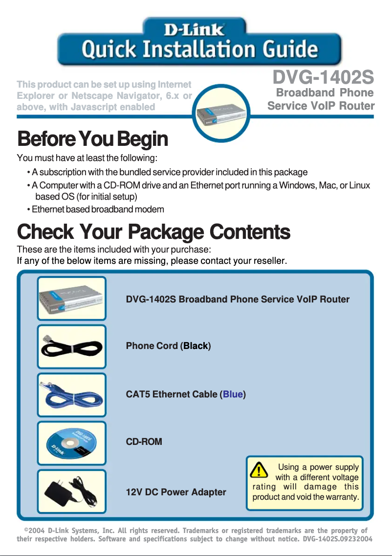 Page 1 de la notice Guide d'installation D-Link DVG-1402S