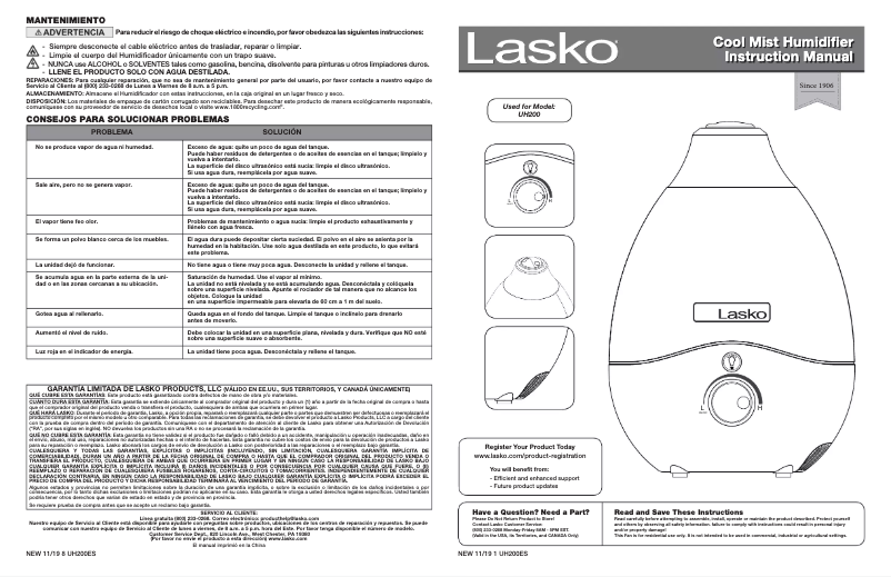 Page n°1 - Manuel d'utilisation et d'entretien Lasko Ultrasonic Cool Mist UH200