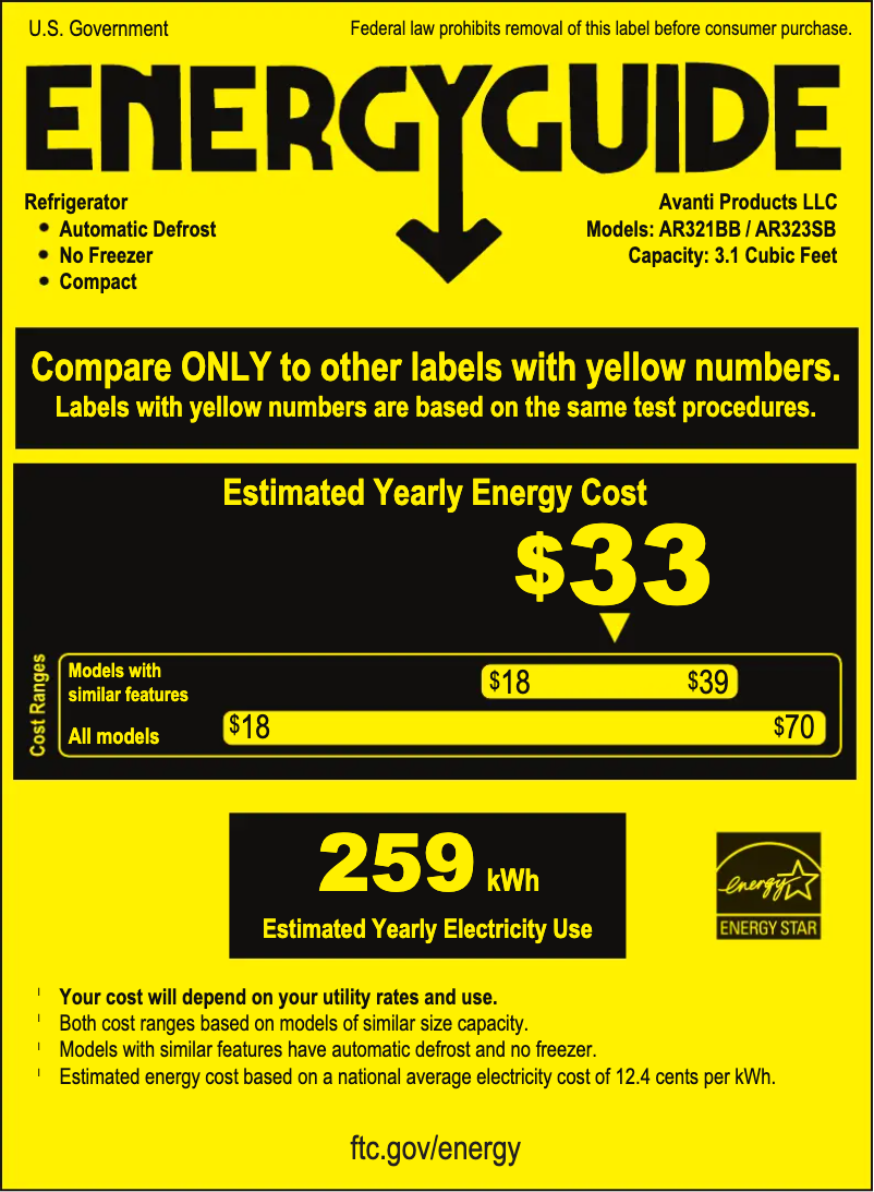 Page 1 de la notice Label énergétique Avanti AR321BB