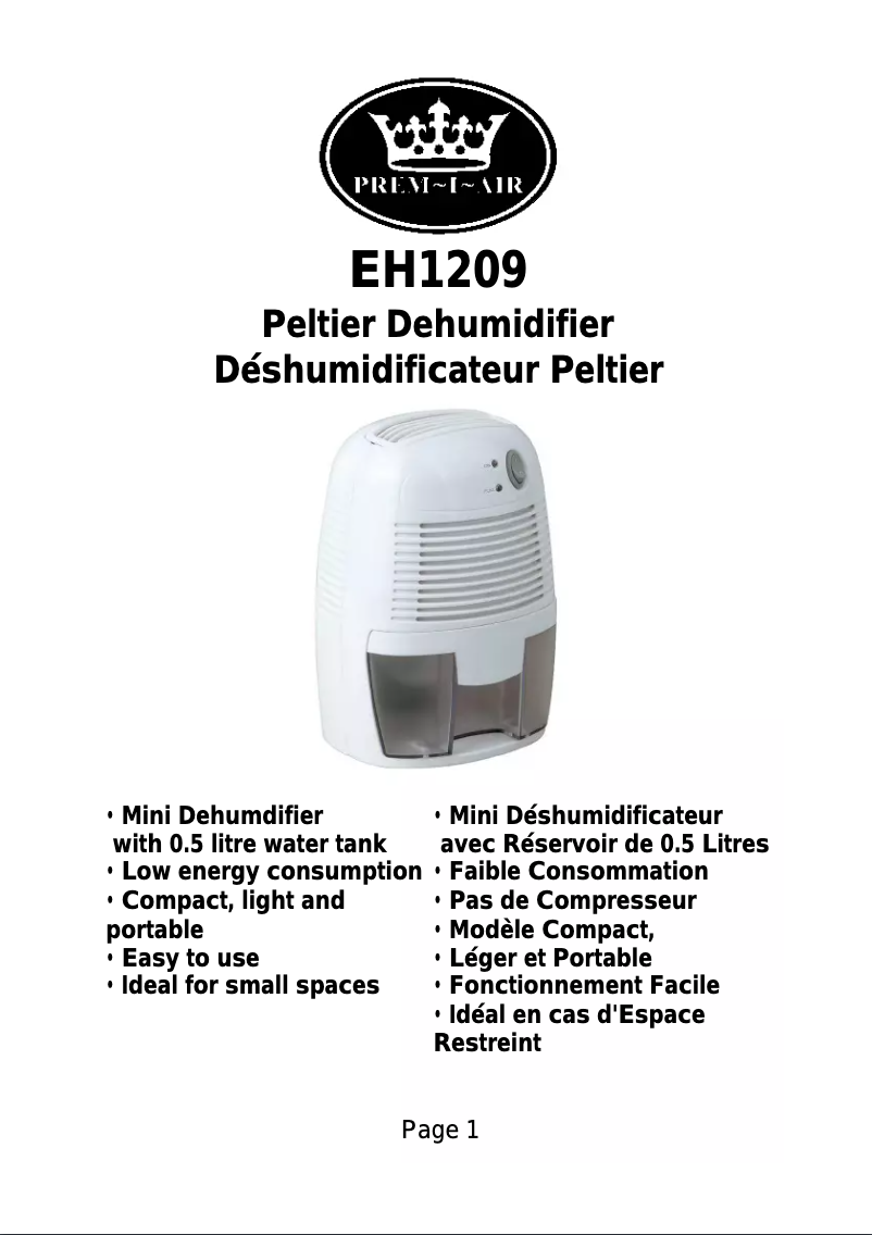 Page 1 de la notice Manuel utilisateur Prem-I-Air EH1209