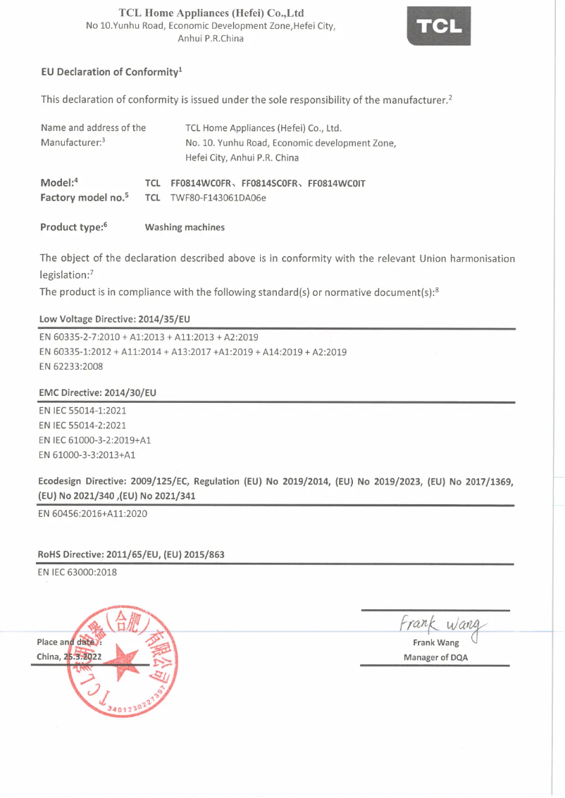 Página 1 del manual Ficha técnica TCL FF0814WC0