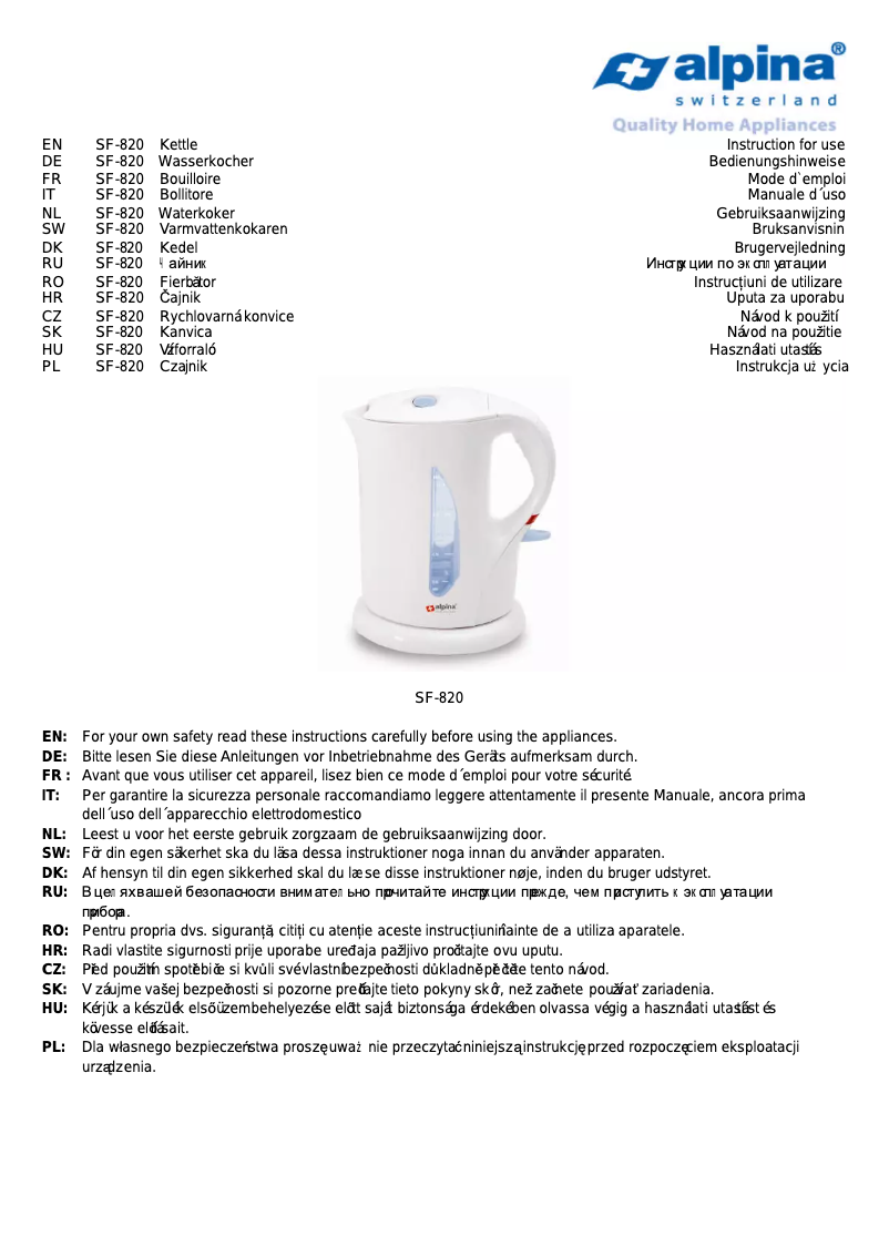 Page n°1 - Manuel utilisateur Alpina SF 820