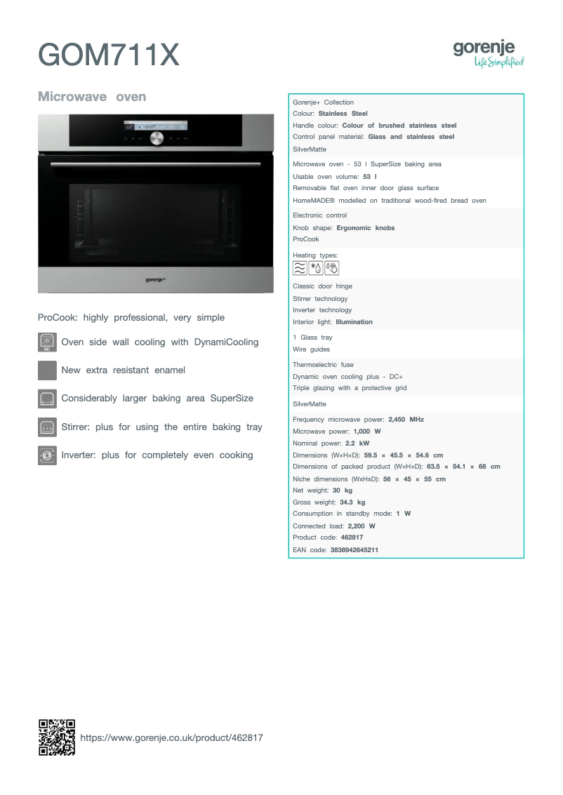 Page 1 de la notice Fiche technique Gorenje GOM711X