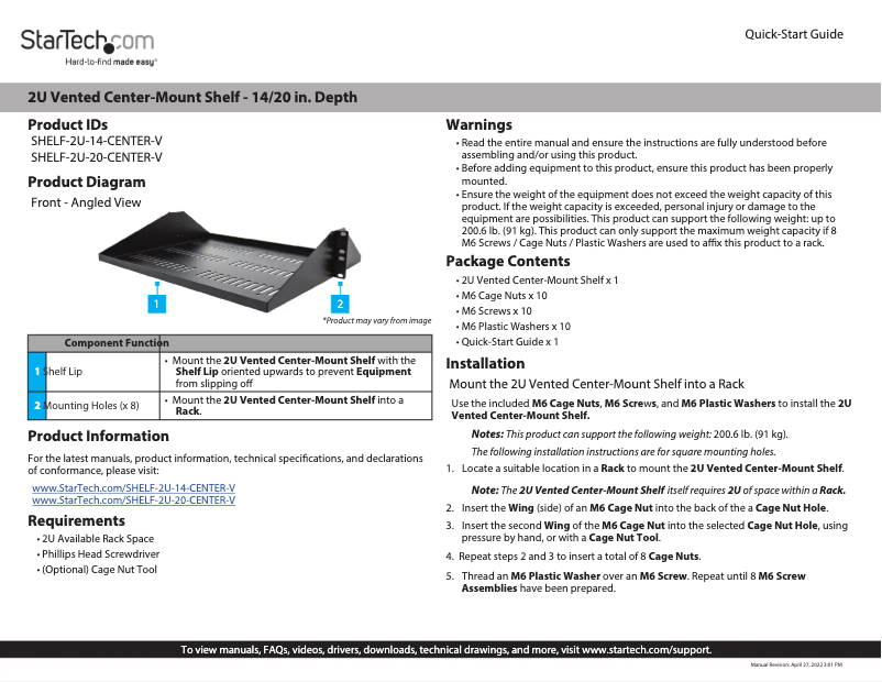 Page n°1 - Manuel utilisateur StarTech.com SHELF-2U-20-CENTER-V