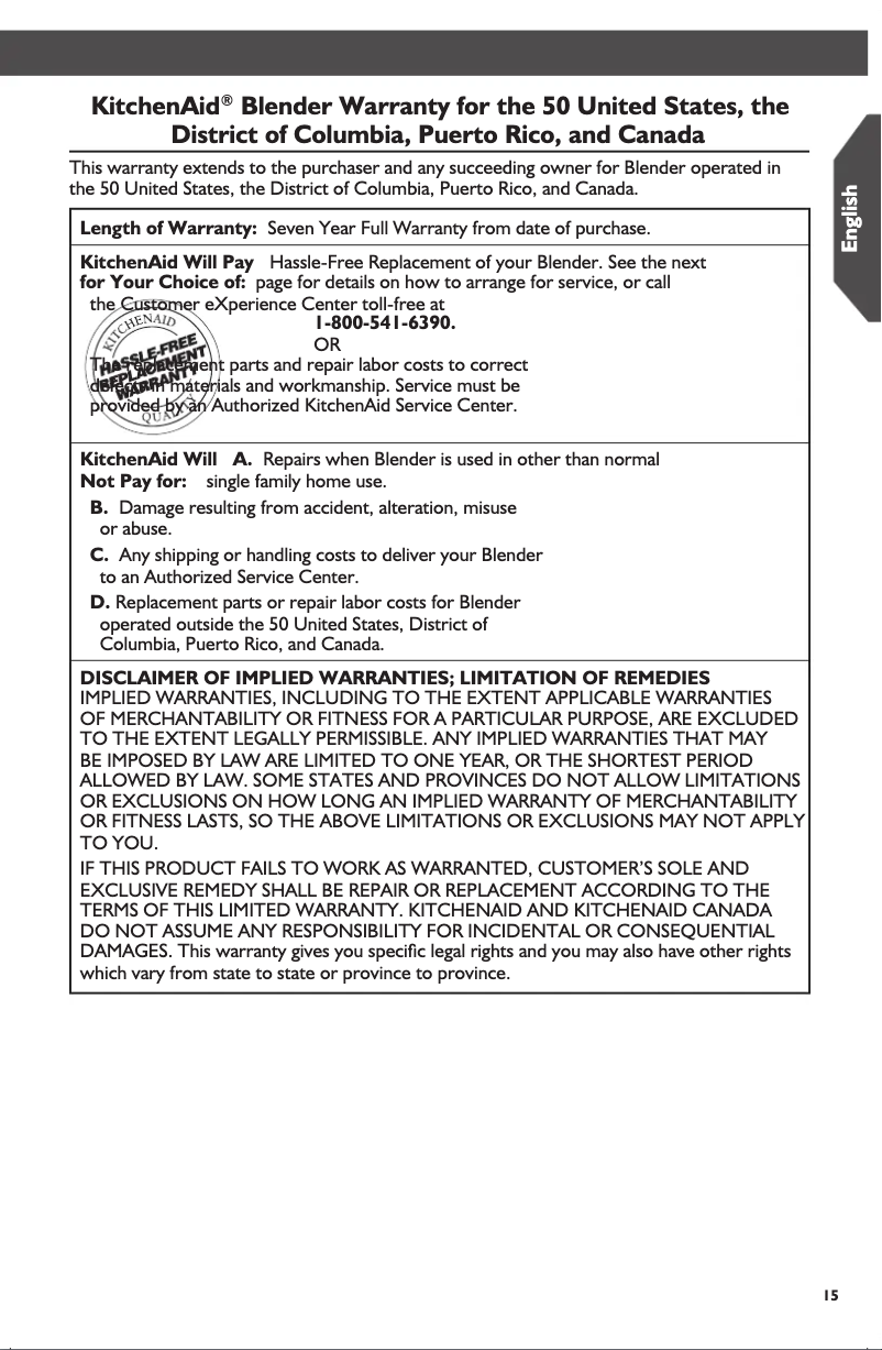 Page 1 de la notice Informations de garantie KitchenAid KSB5010CA