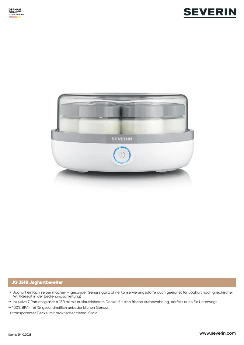 Page 1 de la notice Fiche technique Severin JG 3518