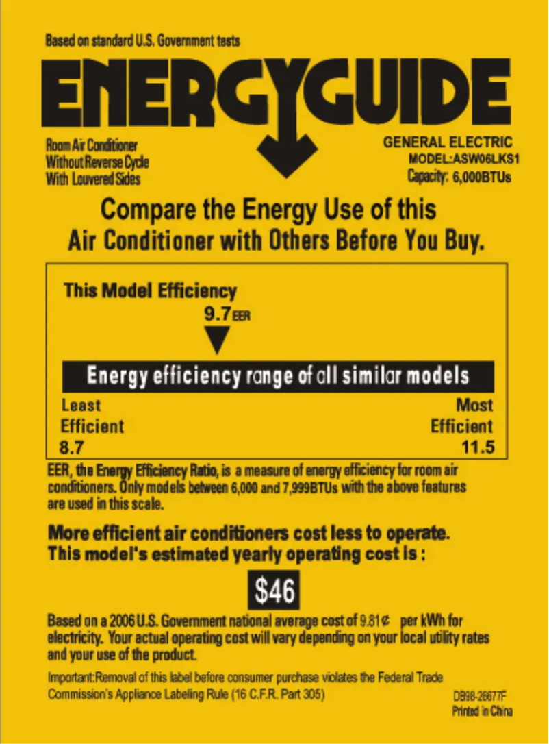 Page 1 de la notice Label énergétique GE ASW06LK