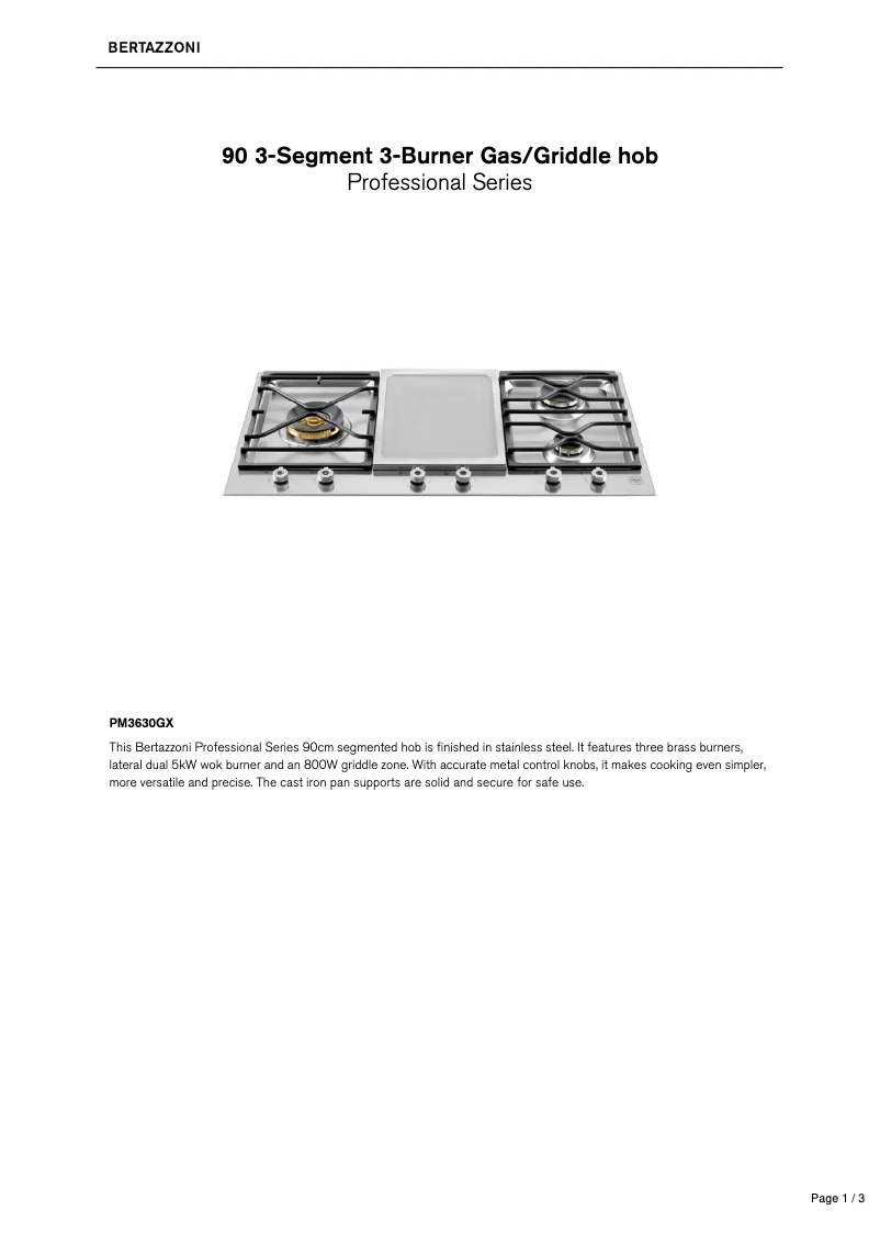Page 1 de la notice Fiche technique Bertazzoni PM36 3 0G X