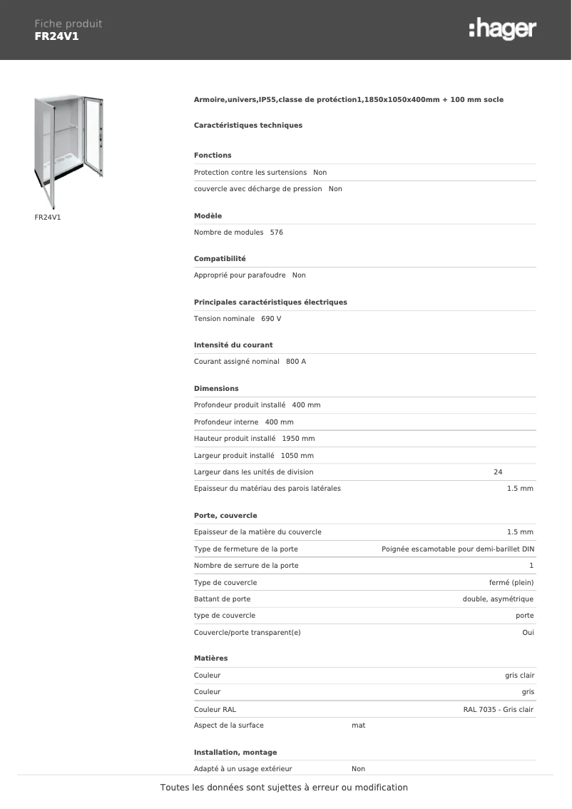 Page 1 de la notice Fiche technique Hager FR24V1