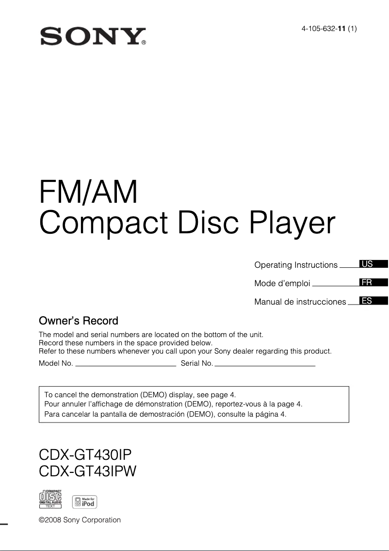 Page 1 de la notice Manuel utilisateur Sony CDX-GT43IPW