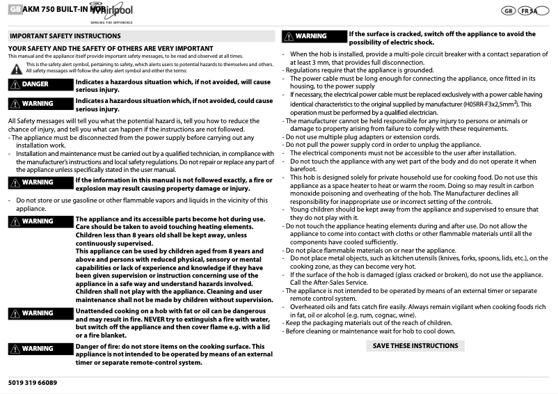 Page 1 de la notice Instructions / montage Whirlpool AKM 750/NE