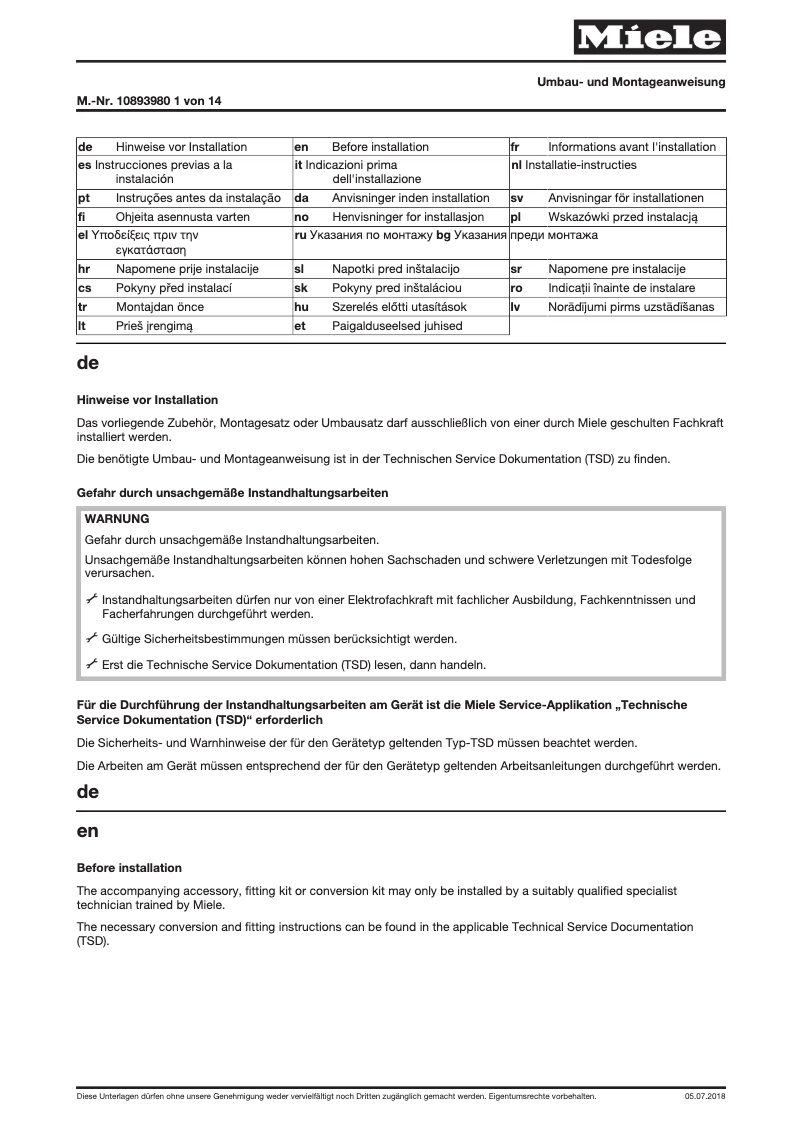 Page 1 de la notice Guide de mesure Miele UG 5005-30