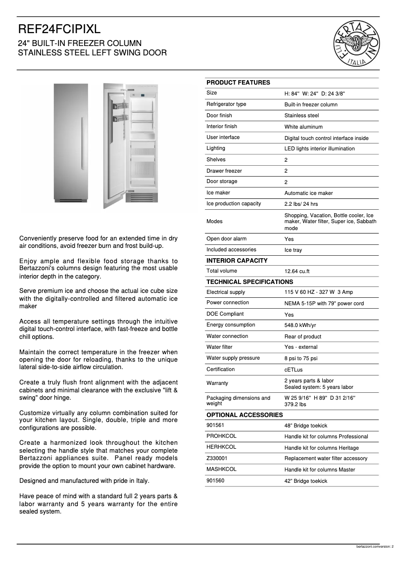 Page 1 de la notice Fiche technique Bertazzoni REF24FCIPIXL