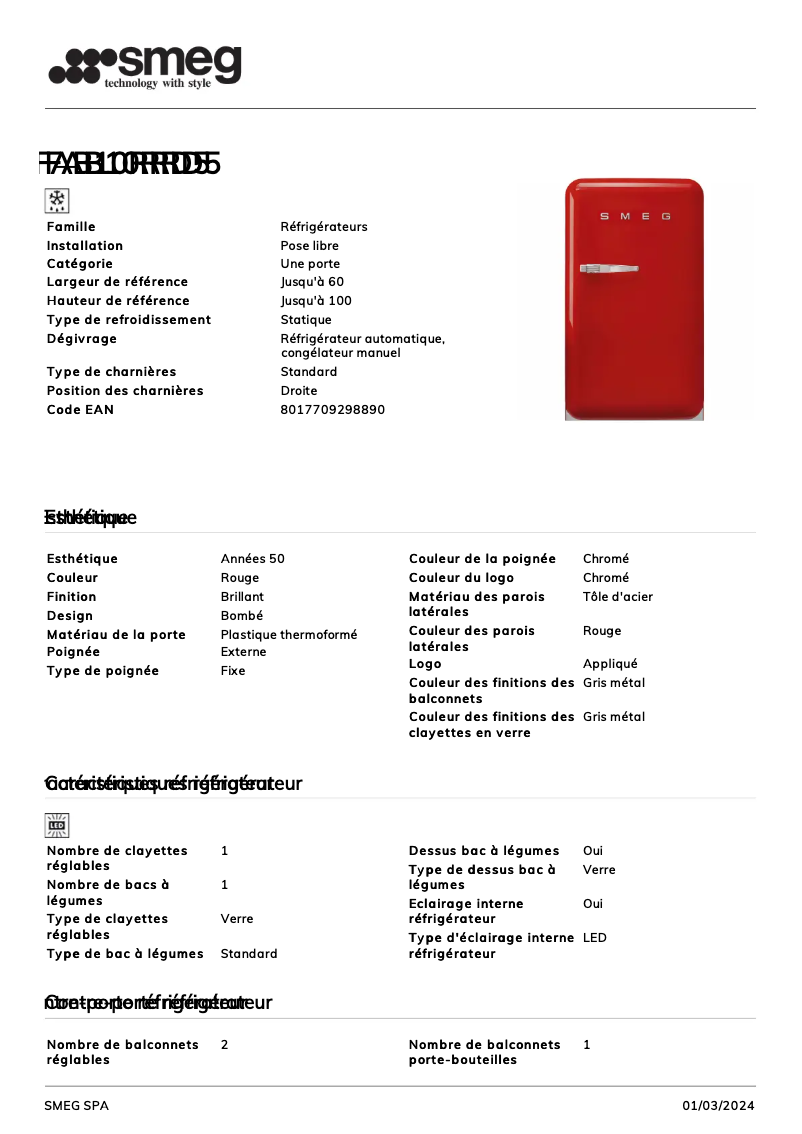 Page 1 de la notice Fiche technique Smeg FAB10RRD5