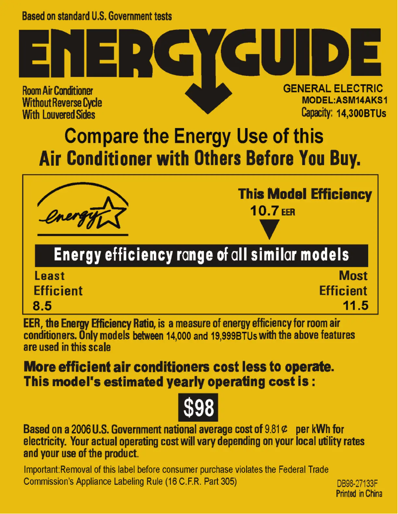 Page n°1 - Label énergétique GE ASM14AK