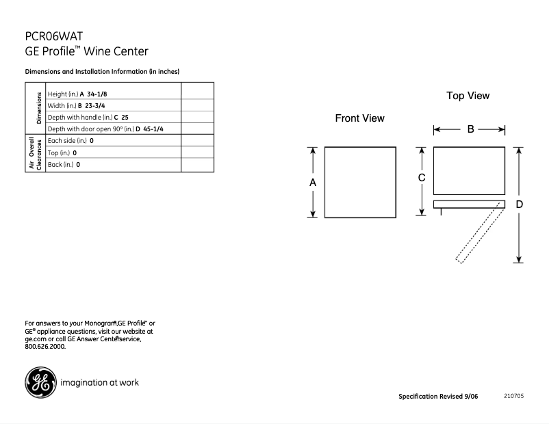 Page 1 de la notice Fiche technique GE Profile PCR06WATSS