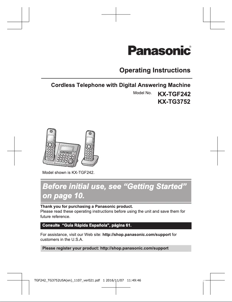 Imagen de la primera página del manual del dispositivo KX-TG3752