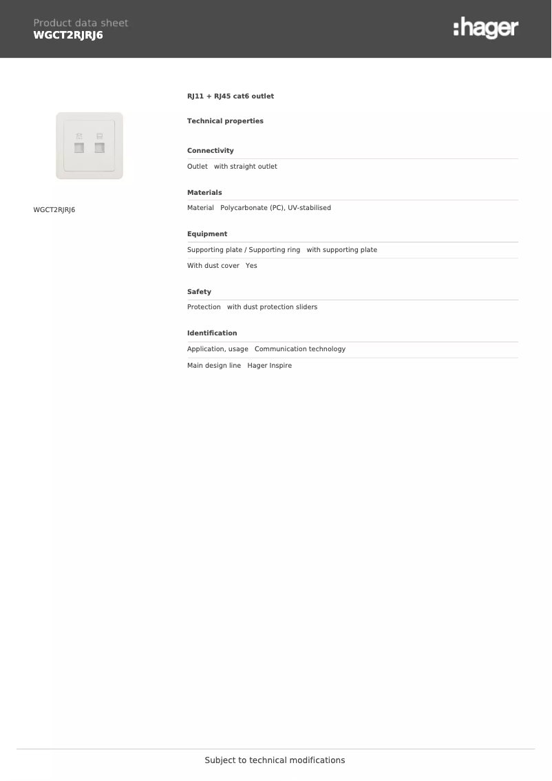 Page n°1 - Fiche technique Hager WGCT2RJRJ6