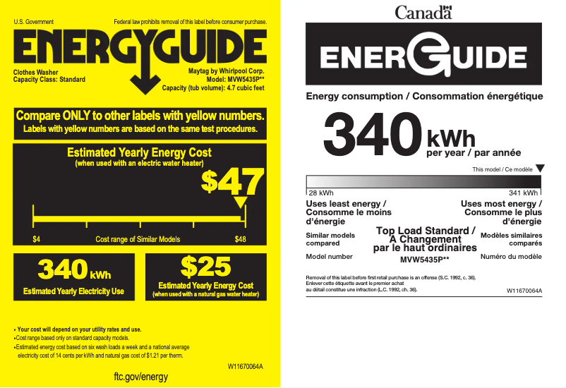 Page 1 de la notice Label énergétique Maytag MVW5435PW