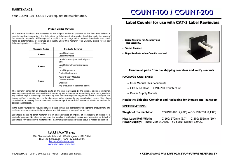 Page n°1 - Manuel utilisateur Labelmate Count-100