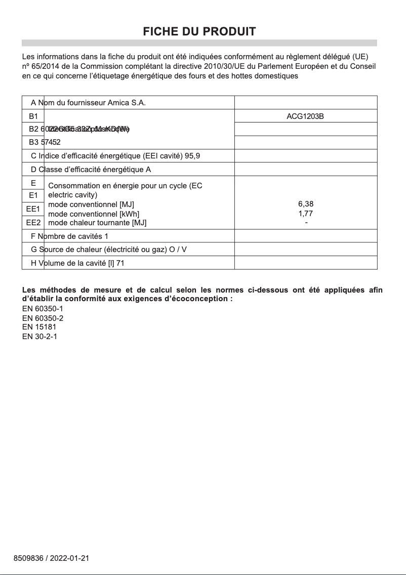 Page n°1 - Fiche technique Amica ACG1203B