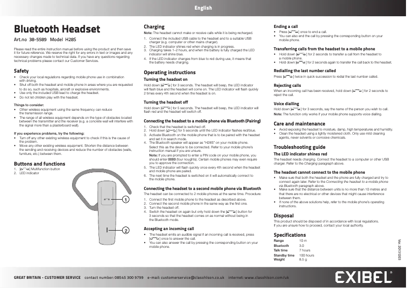 Page 1 de la notice Manuel utilisateur Exibel H28S