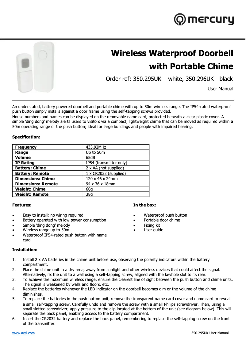 Page 1 de la notice Manuel utilisateur Mercury DB295