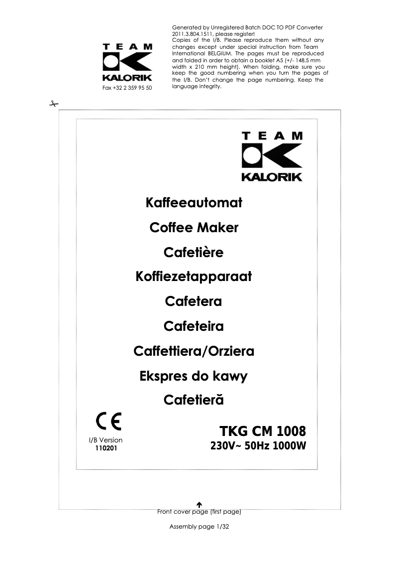 Page 1 of the manual User Manual Kalorik TKG CM 1008