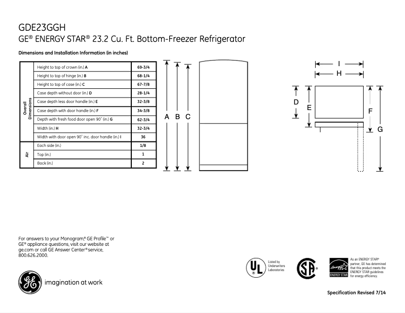 Page 1 de la notice Fiche technique GE GDE23GGHBB