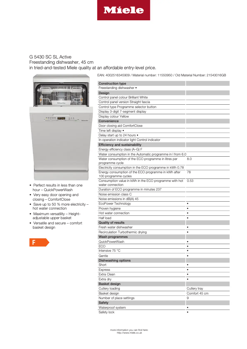 Page 1 de la notice Fiche technique Miele G 5430 SC SL Active