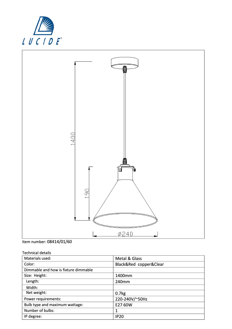 Page 1 de la notice Manuel utilisateur Lucide Vitri 08414/01/60