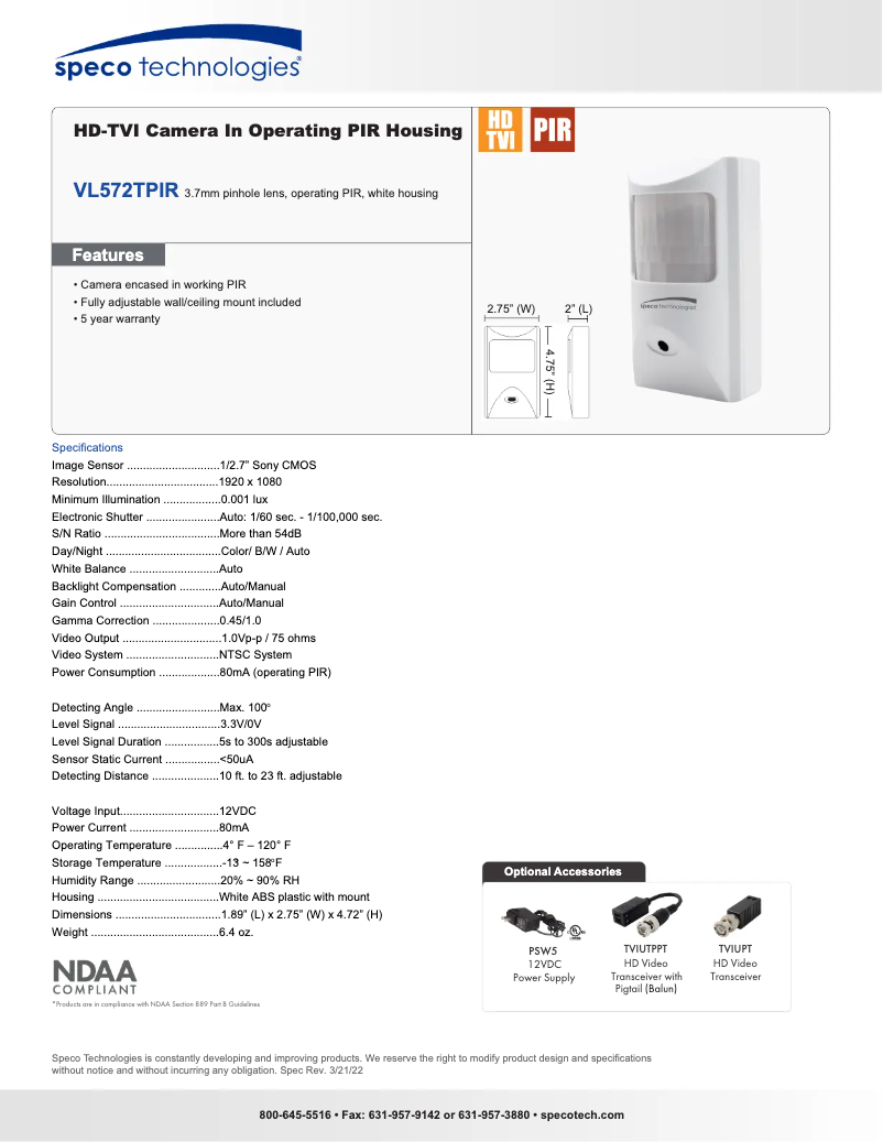 Page 1 de la notice Fiche technique Speco Technologies VL572TPIR