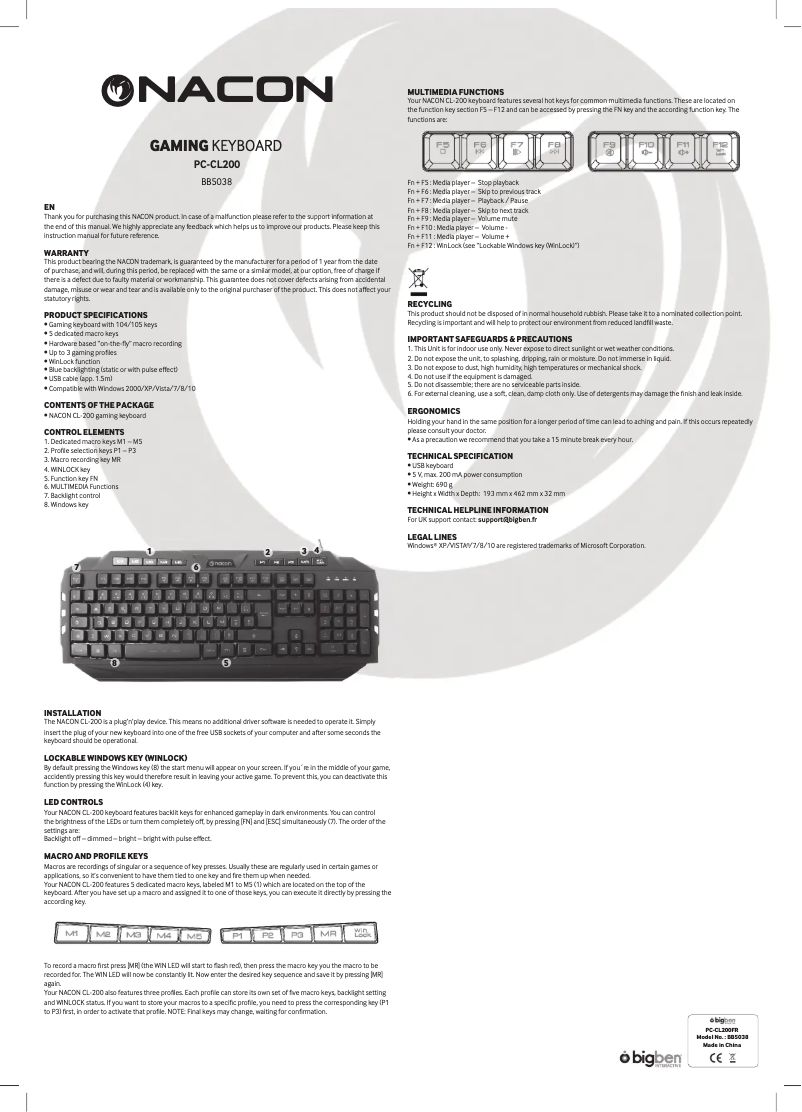 Page 1 de la notice Manuel utilisateur NACON PCCL-200BE