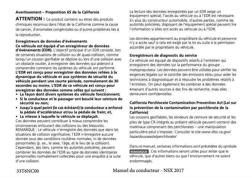 Page 1 de la notice Manuel utilisateur Acura NSX (2017)